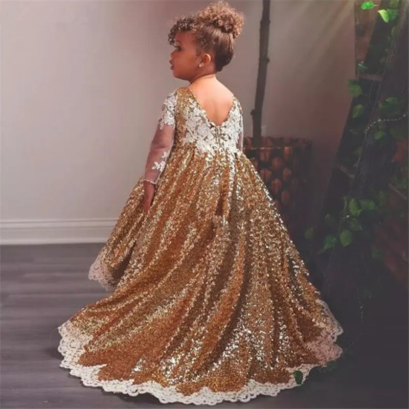 

Formal Gold Sequined Kids Flower Girl Dresses For Wedding Lace Long Sleeves with Train Toddler Pageant Gowns Appliqued Princess