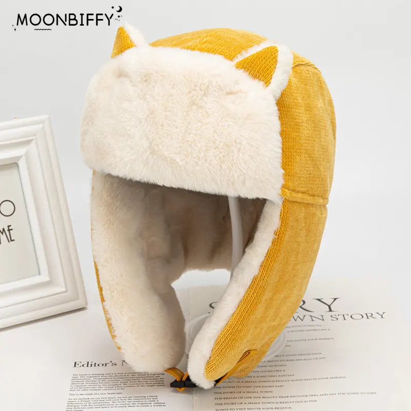 

Women Warm Earmuffs Thicken Ear-flapped Hat Winter Cashmere Plush Cotton Hat Cat Ears Cap 2023 Winter Russian Bomber Hat