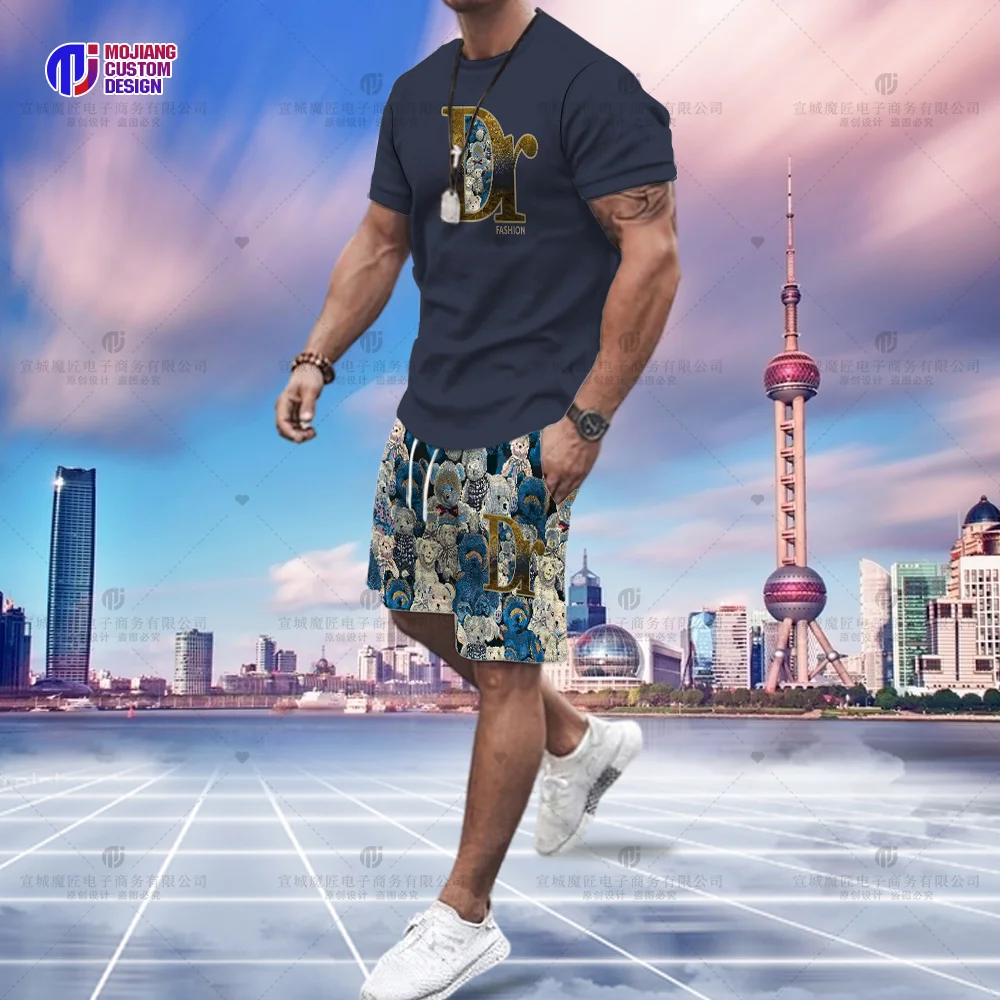 Short-Sleeved Suit Men's Top Trend Slim Simple Letter Casual Half-Sleeved T-Shirt Summer Round Neck Bear Pattern Shorts Clothing