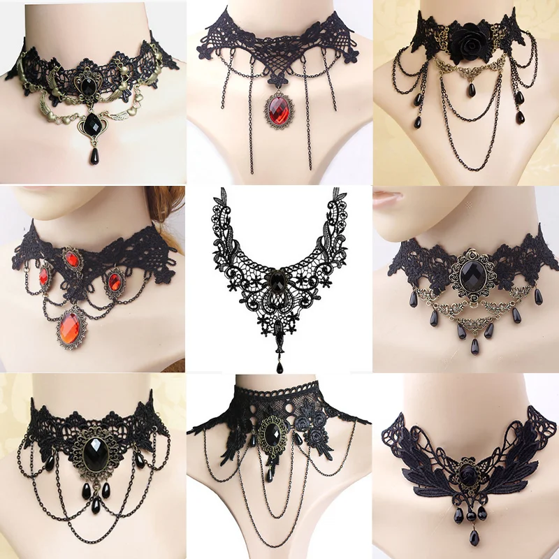 

Gothic Victorian Black Lace Necklace Women Girl Boho Crystal Tassel Sexy Lace Choker Steampunk Dark Loli Style Halloween Jewelry