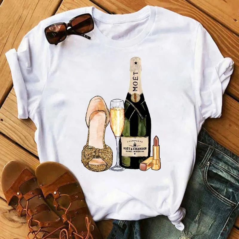 

2021 Women Wine Glass Funny T-shirt Harajuku 90s Korean Style Short Sleeve Tees Shirts Lady Yong Girl Top Tee