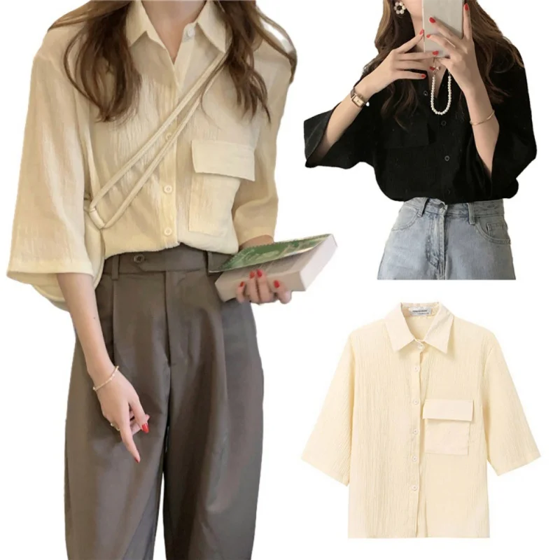 Винтажная шифоновая рубашка с рукавом семь минут женская летняя плиссированная