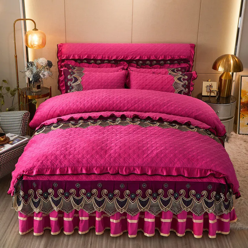 

European Quilted Velvet Duvet Cover Set King Size 220x240 Luxury Fitted Bed Sheet Set Double Soft 4PCS Bedding Set with Lace