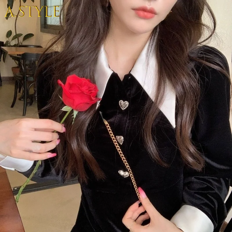 

Korean Fashion Velvet Y2k Mini Dress Women Long Sleeve Vintage Balck Dress Evening Party 2021 Autumn Elegant Sweet Dress Female