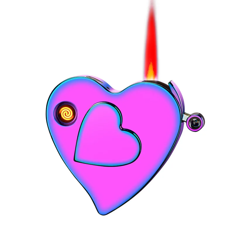 

Loving Heart Gas And Electric Dual-use Lighter Red Flame Micro-engraving Projection Metal USB Lighter For Boyfriend 520 Gift