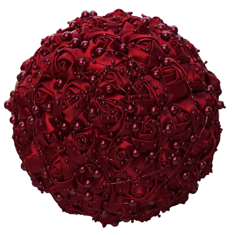 

Fashion Pearl Satin Ribbon Rose Bouquet For Wedding Decoration Pure Color Creative Handmade Artificial Flower Bride Bouquet