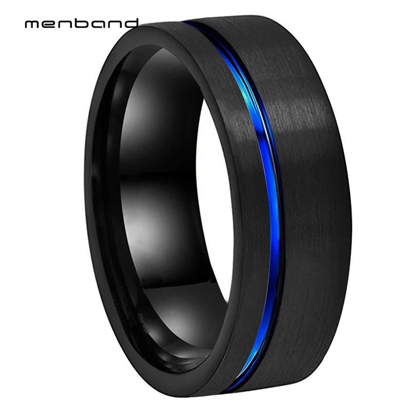 

Men Women Tungsten Carbide Ring Black Blue Wedding Band With Offset Groove And Brush Finish 8MM Comfort Fit