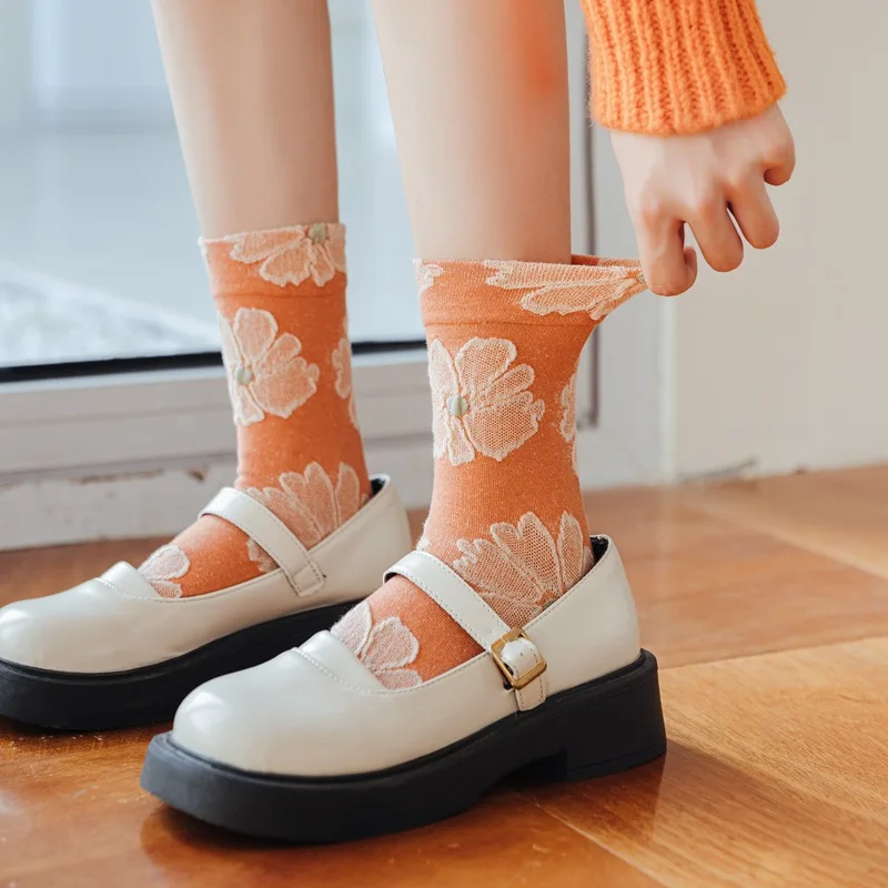 4 Pairs/Lot Orange Sweet Retro Women Socks Floral Pattern Fashion Cute Socks High Quality Cozy Breathable Female Cotton Socks