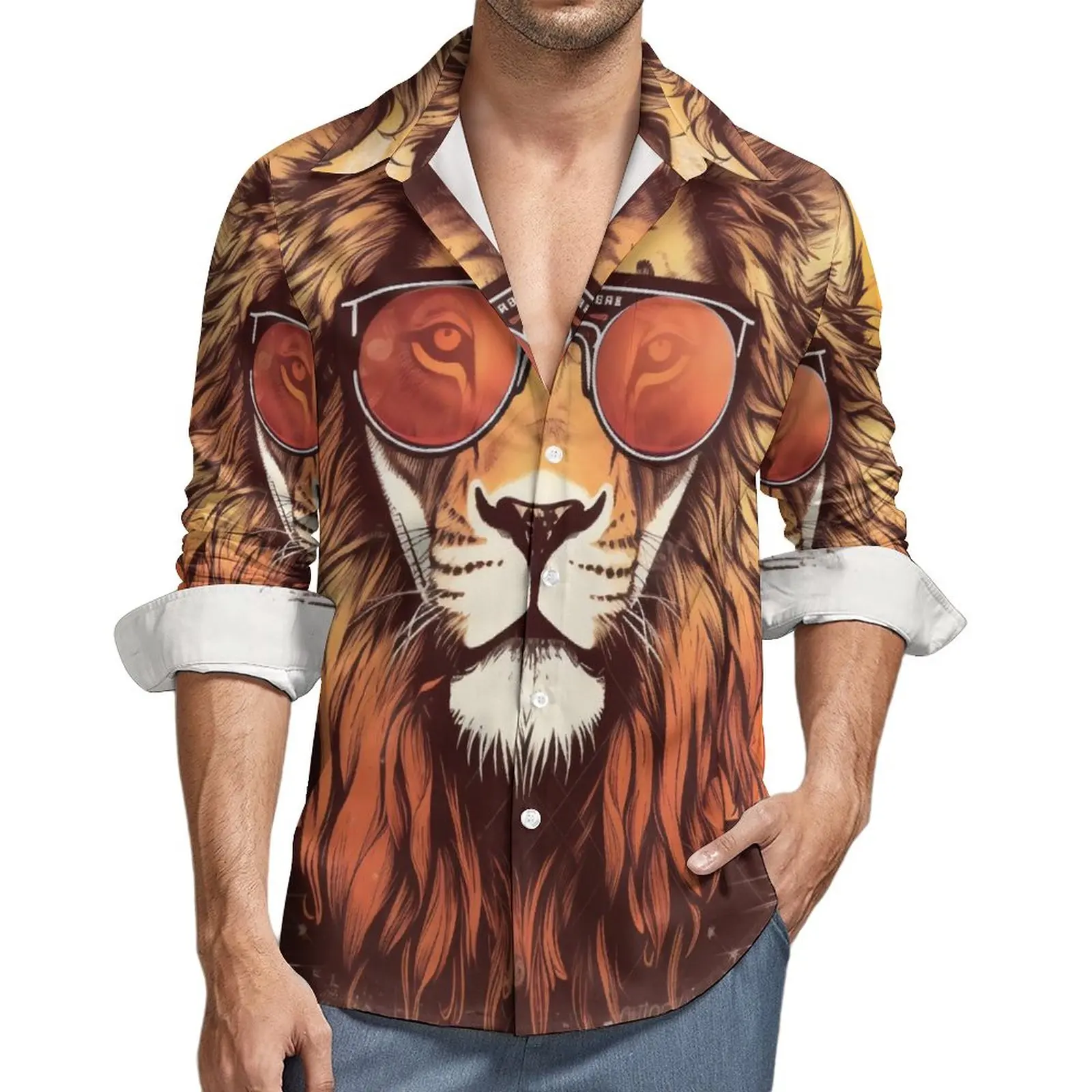 

Lion Shirt Men Retro Animals With Sunglasses Casual Shirts Autumn Harajuku Pattern Blouses Long Sleeve Vintage Oversized Clothes