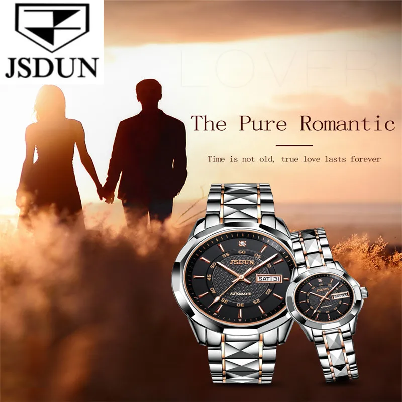 JSDUN Classic Couple Watch Waterproof Automatic mechanical watch imported movement tungsten steel Watch For Men Women Lover Gift