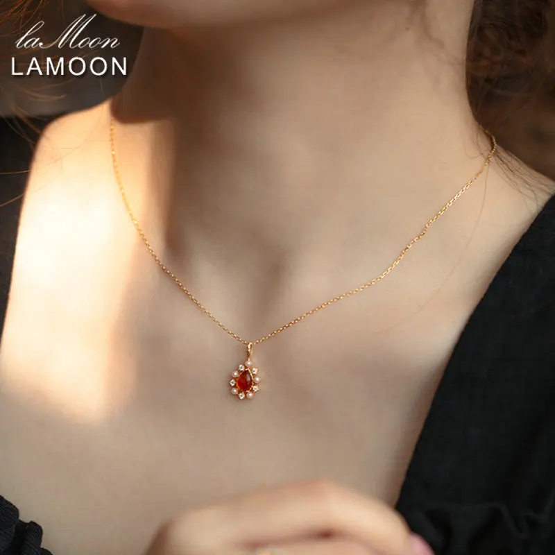 

LAMOON Vintage Amber Necklace For Women Elegant Bijou Pearl 925 Sterling Silver Semi-precious Pendant Gold Plated Fine Jewelry