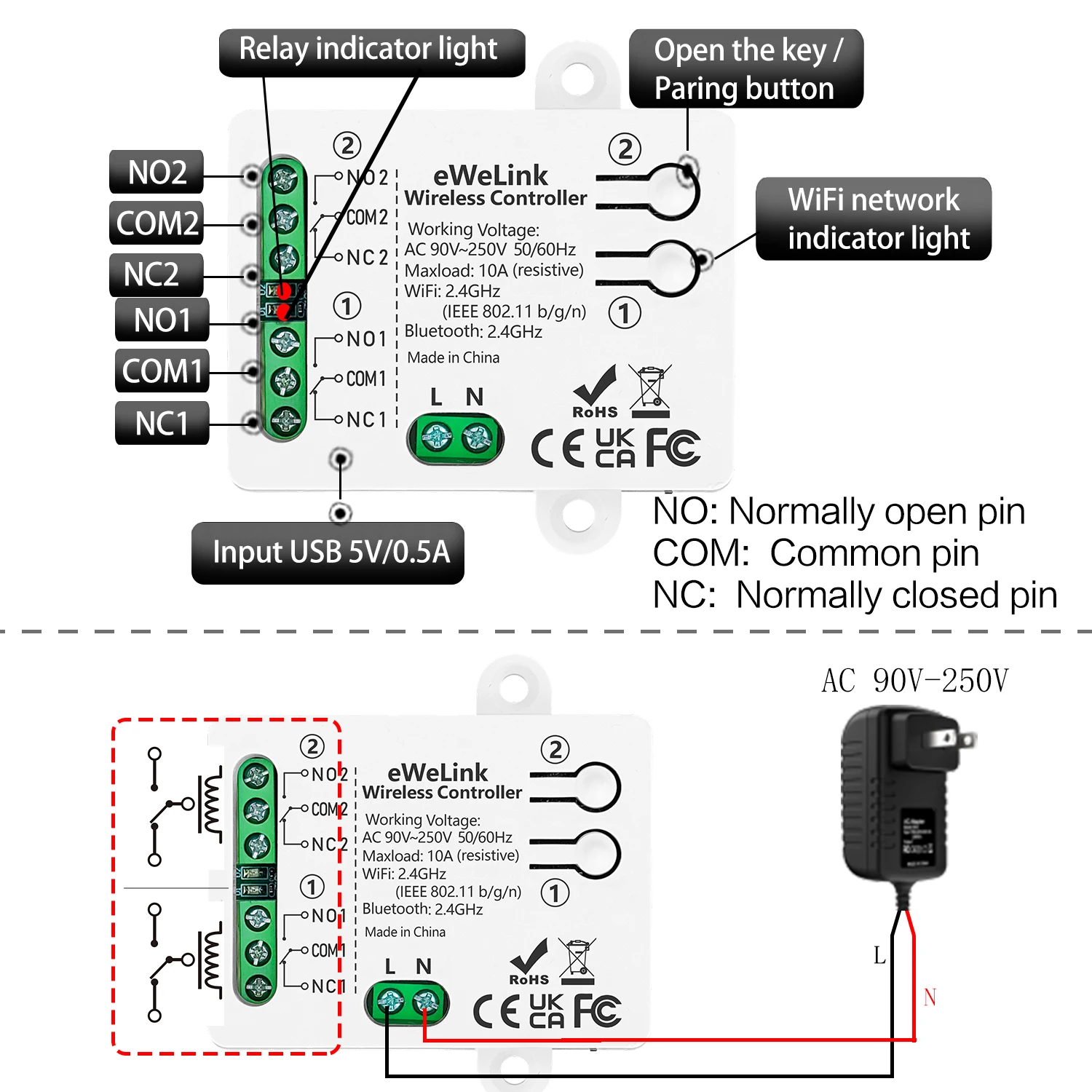 Умный Wi-Fi выключатель EWelink с сухим контактом, AC110V, USB5V, 2-канальный релейный модуль, импульсныйс фиксацией режим, приемник с таймером, работает с Alexa Google (art.: 3920d45ed0c8a) - 3920d45ed0c8a