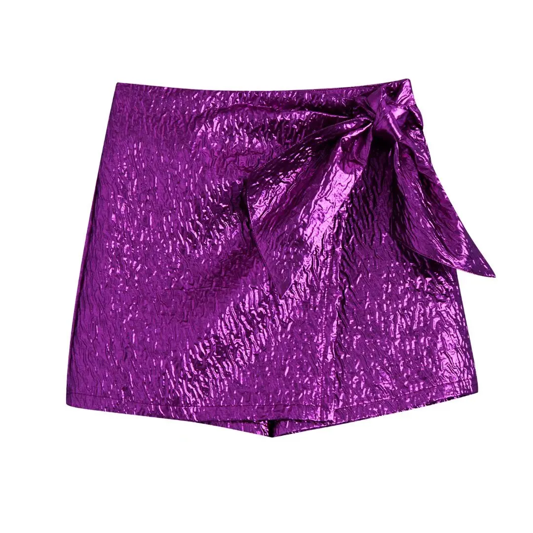 

New Women High Street Bow Decoration Texture Purple Shorts Skirts Lady Zipper Fly Hot Shorts Chic Pantalone Cortos