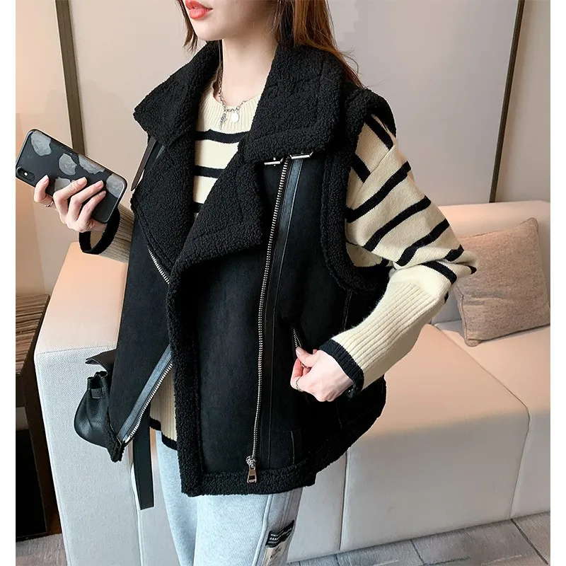 Lamb Plush Fur Vest Coat Women's 2022 Autumn Winter Shirt Black White Basics  Vintage  Turn-down Collar  Sleeveless Vest