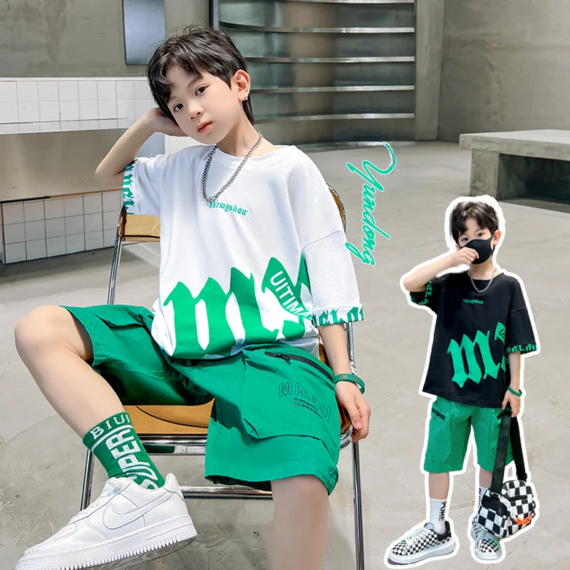 

Summer Boys' Sets Cotton Casual Trendy Two-Piece Short Sleeve Shorts Suit for Big Boy Children's Clothing Set