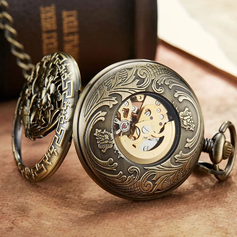 Vintage Dragon Phoenix Flower Exquisite Sculpture Mechanical Pocket Watch Chains Luckly Lover Wedding Retro Skeleton Watch