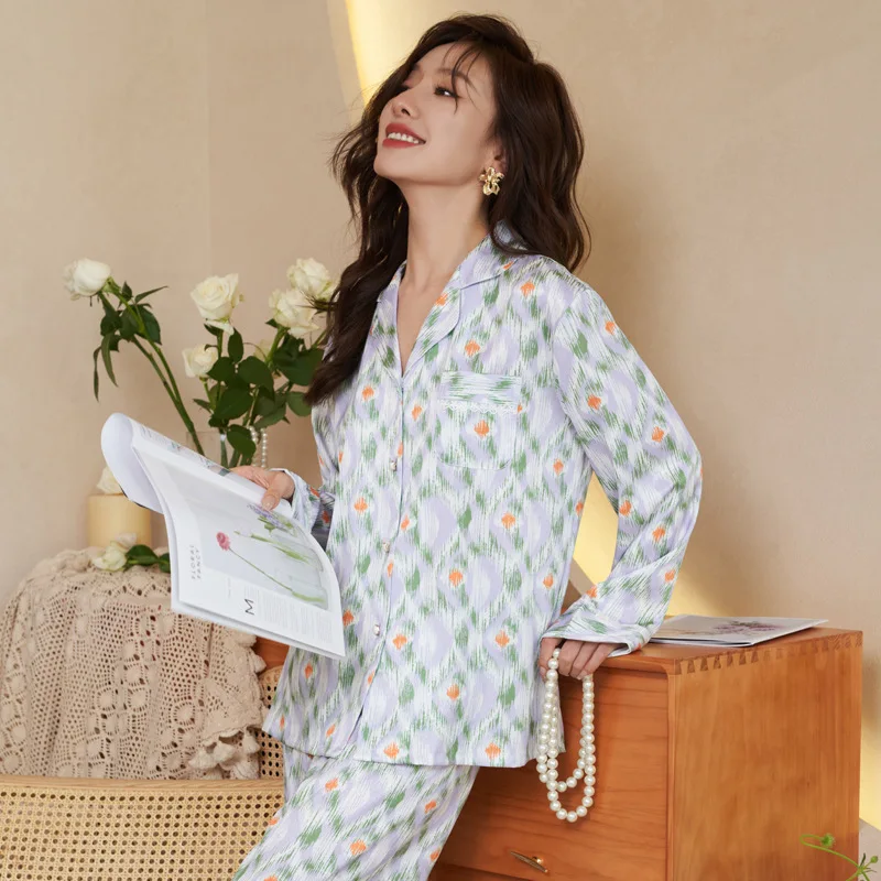 Women's 2 Piece Pajamas Sets Soft Cute Floral Pijama Faux Silk Satin Pyjamas Female Sleepwear Long Sleeve Shirt Trouser Homewear