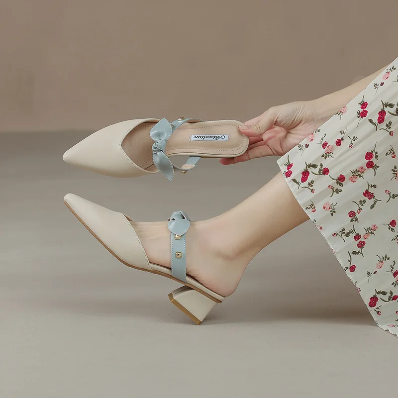 

2022 Summer Women Pumps Fashion New Pointed-toe Outside Womans Slippers 4cm Heel Solid Bow Shoes Sweet Female Office High Heels