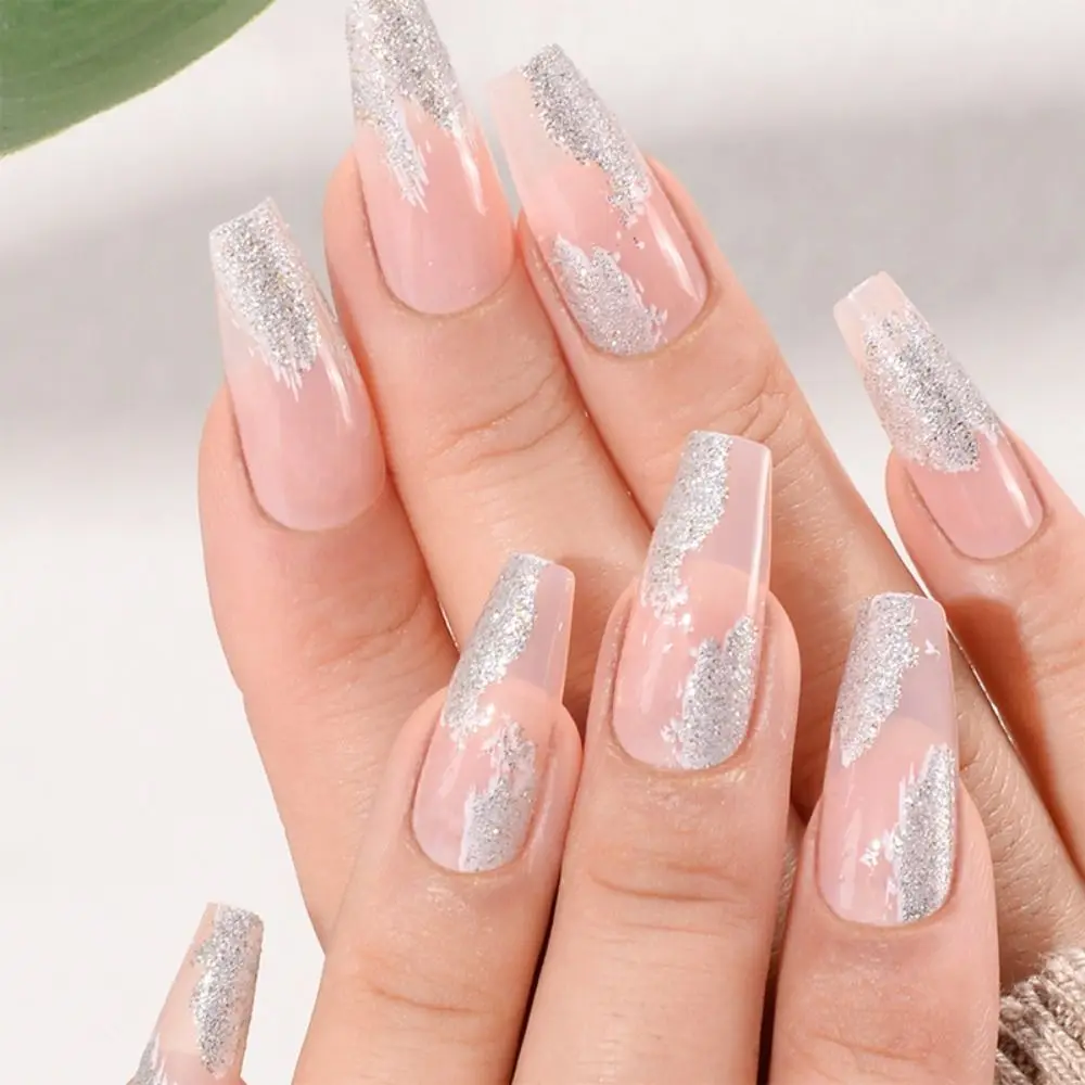 

24pcs Nail Tips Silver Wavy Press on Nails Black Butterfly Full Cover French Ballerina Long Fake Nails