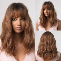 alan eaton medium brown wavy synthetic natural hair wigs for women afro wigs with bangs cute bob wigs heat resistant daily party