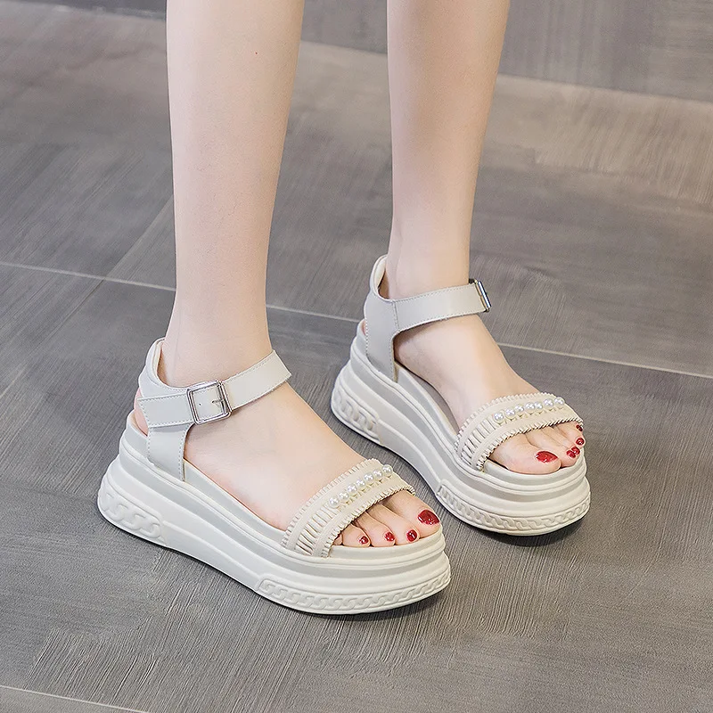 Pearls Deco 7cm Platform Design  Women Wedge Sandals Genuine Leather Buckle Women Breathable Slippers Summer Ladies Chunky Shoes