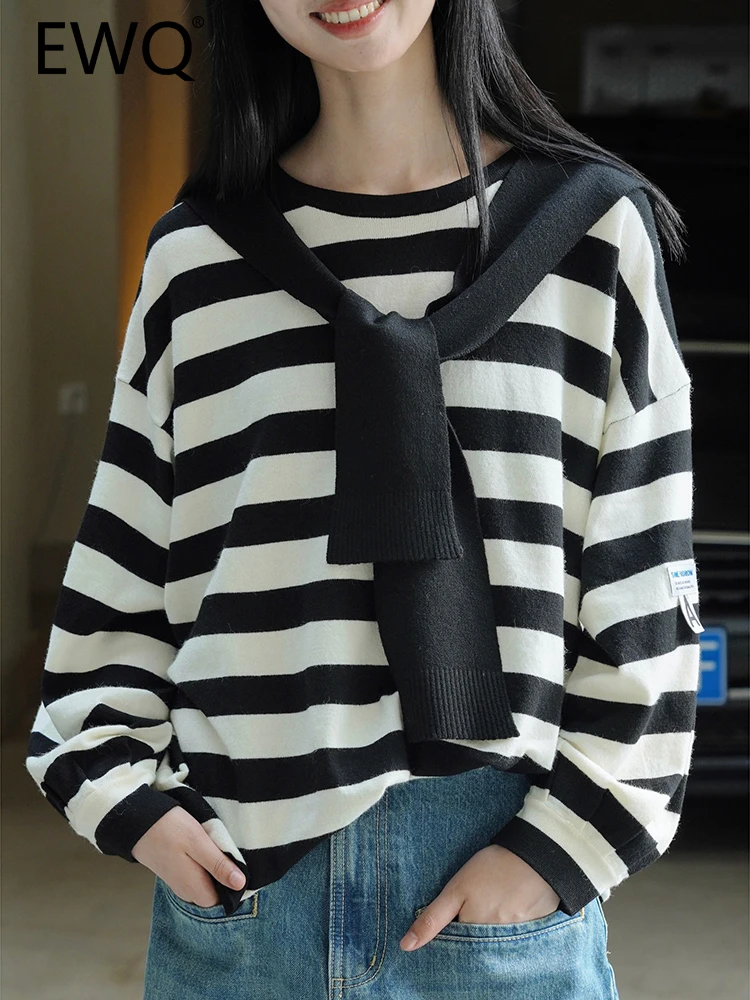 

EWQ Striped Loose Knitting T-shirt For Women Round Neck Long Sleeve Simplicity Korean Style Tops 2023 Autumn New Tees 26D5179