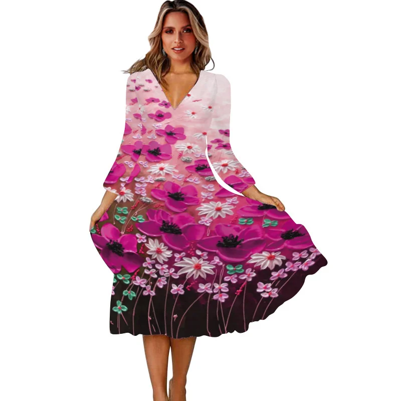 

2022 new women's V-neck sleeve medium and skirt positioning swing dress