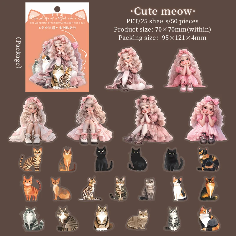 

The Girl and The Cat Series Kawaii Character Landscape PET Sticker Creative DIY Journal Material Collage Scrapbook Stationery
