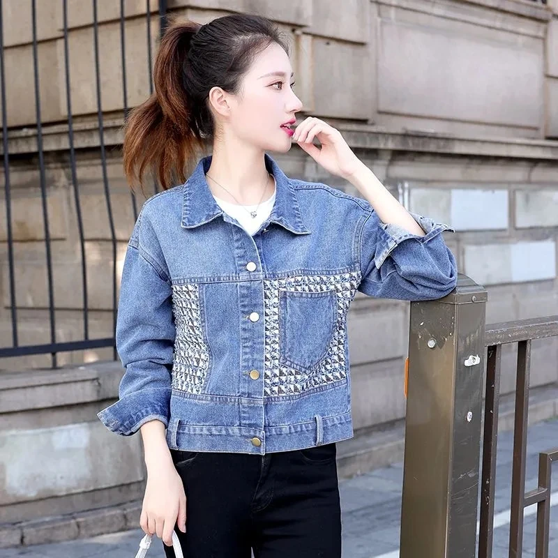 

2023 Spring Autumn New Denim Jacket Women Check Rattoo Flower Stitching Jeans Coat Female Short All-match Long-sleeve Ouerwear