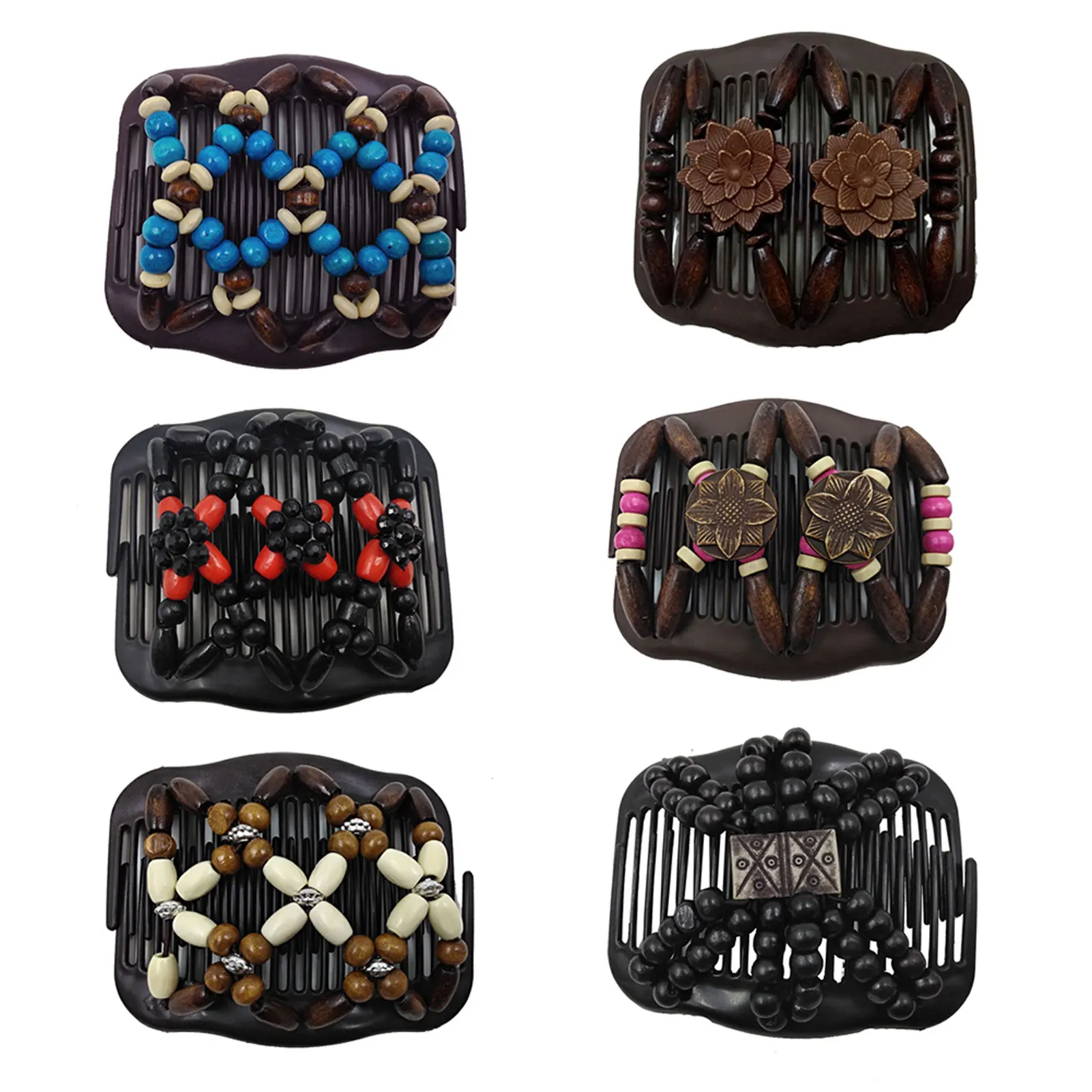 

6pcs Women Hairstyle Party Gift Daily Styling Tool Hair Comb Double Clips Easy Apply Non Slip With Wooden Beads Vintage Headwear