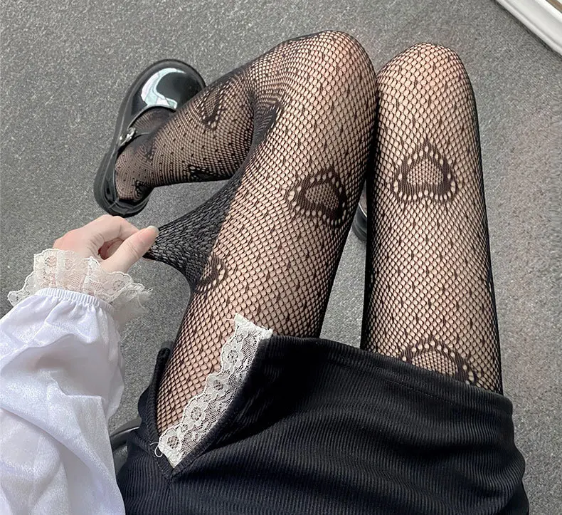 Heart Flower Mesh Kawaii Japanese Girl Lolita Ins Tights Stockings White Fishnet Pantyhose for Women Spring Summer Leg Stocking
