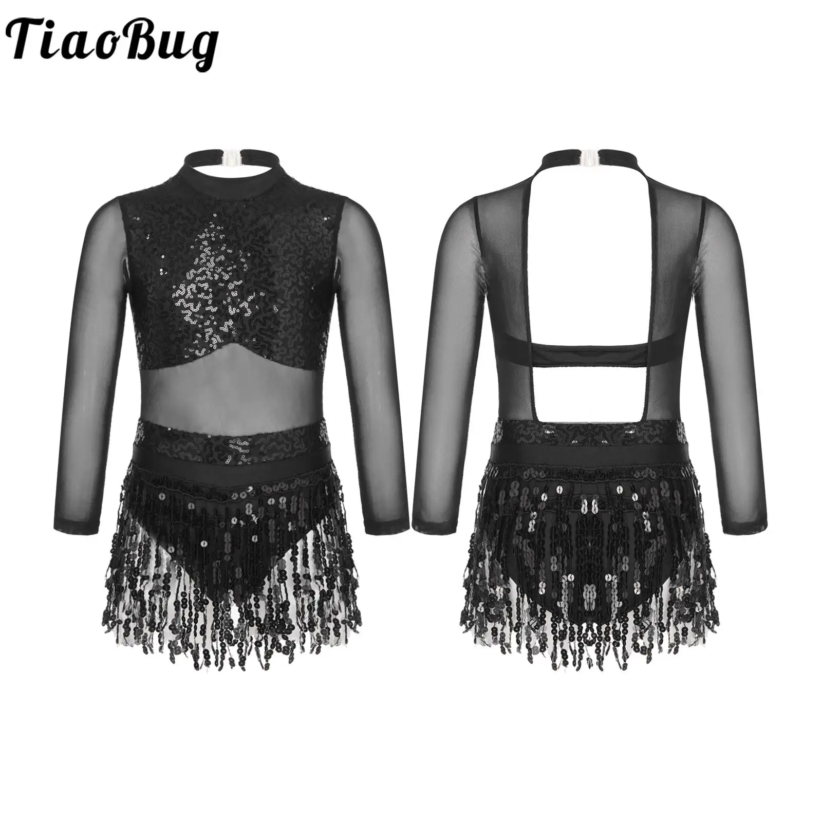 

Kids Girls Stylish Clothing Mesh Long Sleeve Round Collar Shiny Sequins Hollow Back Patchwork Tassel Latin Modern Dance Dress