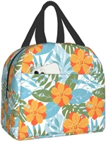 blue green tropical leaves orange flowers lunch bag travel box work cooler reusable back to school boxes insulated container bag