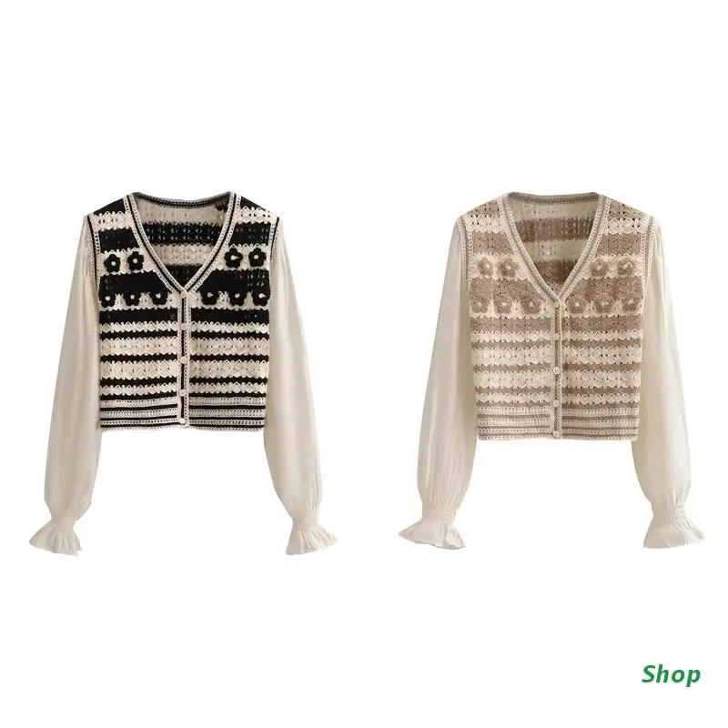 

Шикарные Ажурные вязаные топы L5YC, женская шифоновая блузка с длинными рукавами, лоскутные Рубашки, Топы