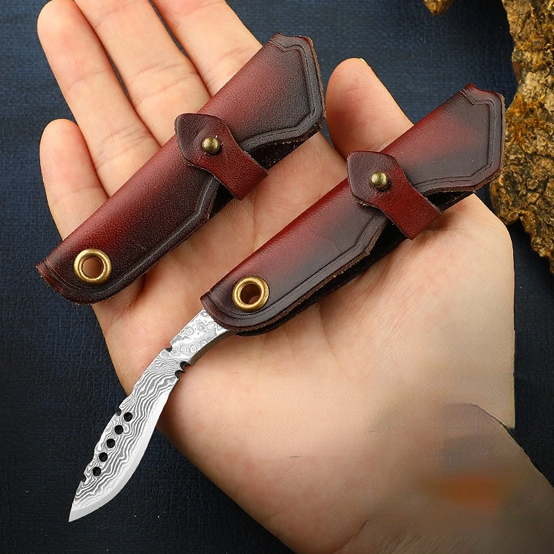 

Damascus VG10 Steel Leather Handle Folding Machete Key Ring Portable Knife Camping Portable Fruit Knife Suitable Daily Outdoor