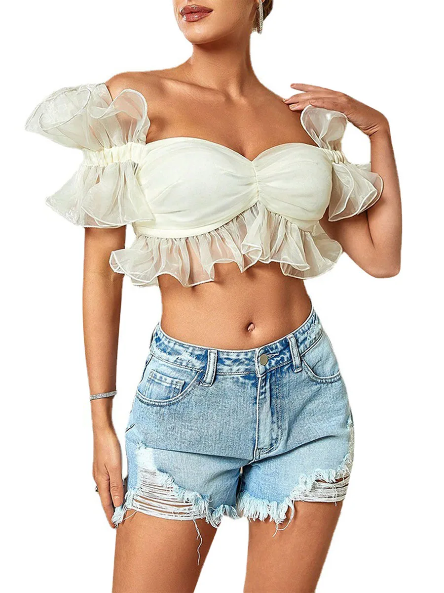 

Women Sexy White Lace Crop Top Off Shoulder Puff Short Sleeve Frill Trim Chiffon T-Shirts Fishnet Sheer Mesh Summer Blouse
