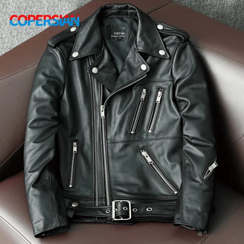 

2023 New Genuine Cow Leather Jacket Men Autumn Winter Male Coats Diagonal zipper and Multi Pocket slim Motorcycle Clothing