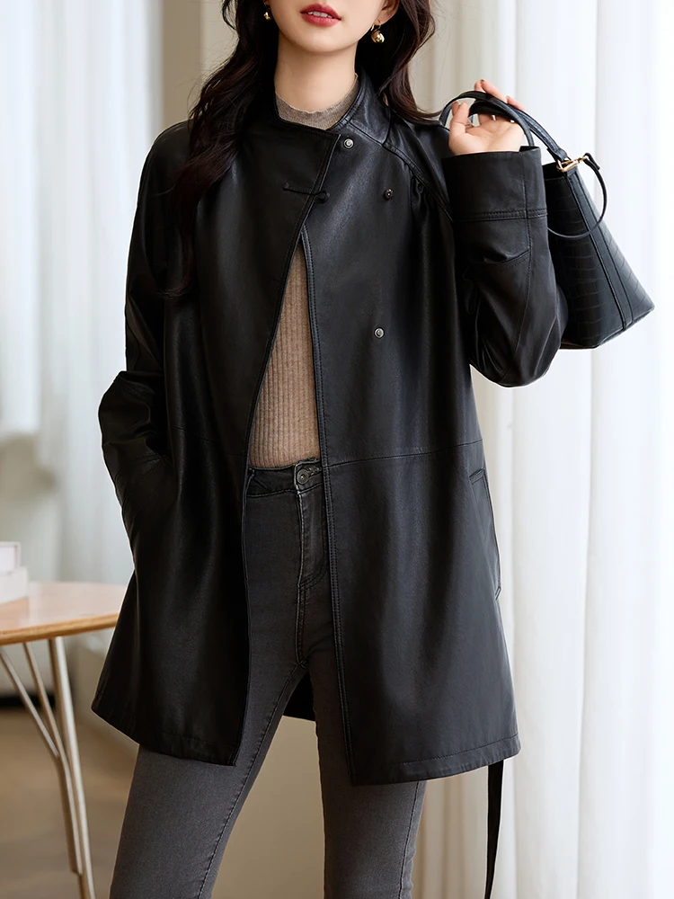 Осень 2024 модное новое пальто из натуральной кожи женский Тренч овчины High Sense of