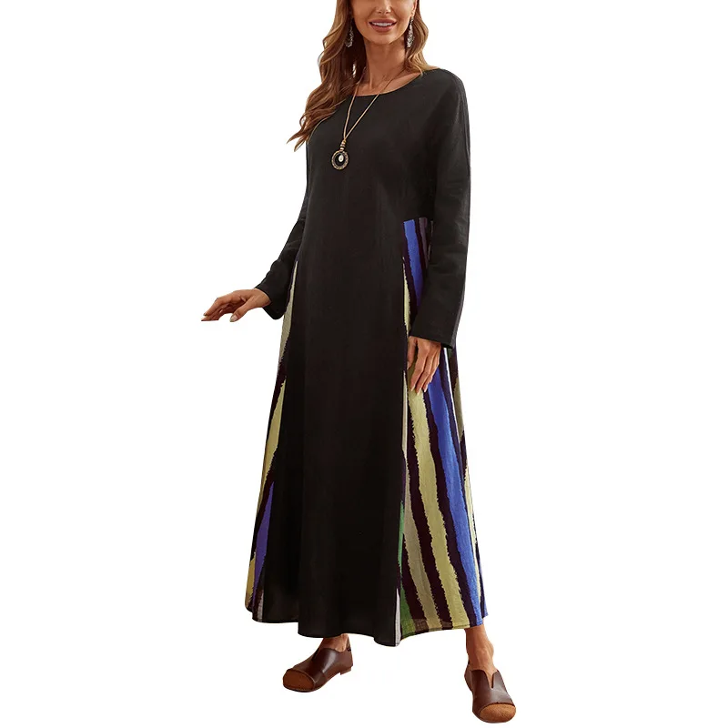 Middle East Arab Women's Dress Muslim Ramadan Robe Dubai Abaya Fashion Black Stripe Print Loose Casual Long Dress 2022 New