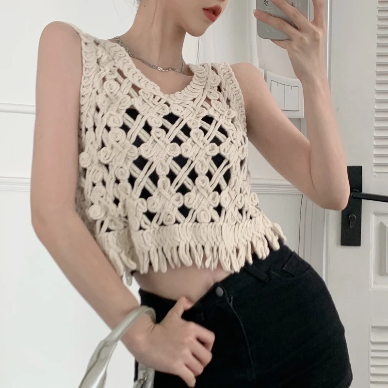 

Retro Hollow Knit Camisole Women's Summer Sweet Spice Short Sleeveless Vest Blouse Tops Outer Wear