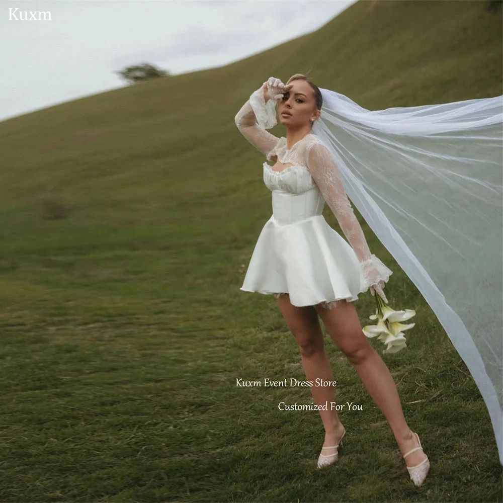 Фото Свадебное платье Kuxm White Sweetheart A-Line без рукавов из атласа с кружевными аппликациями, короткое, для свадебной вечеринки, на заказ №1