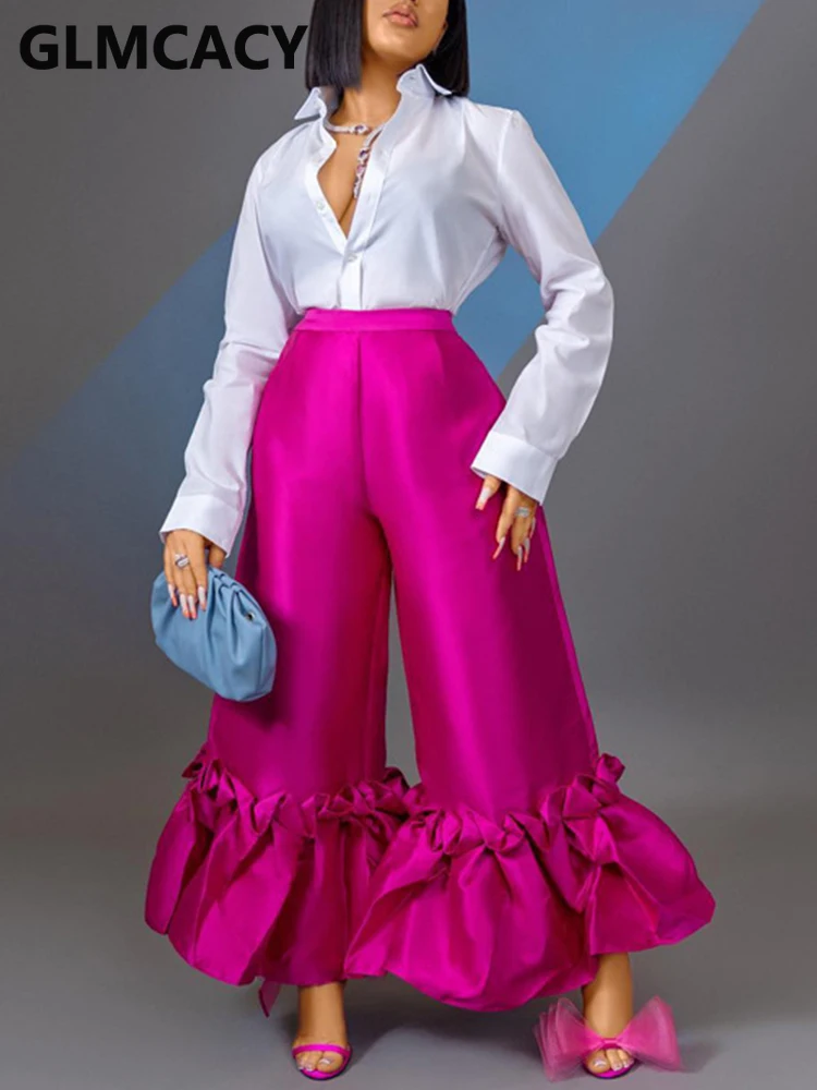 

Women High Waist Ruffle Design Flare Pants