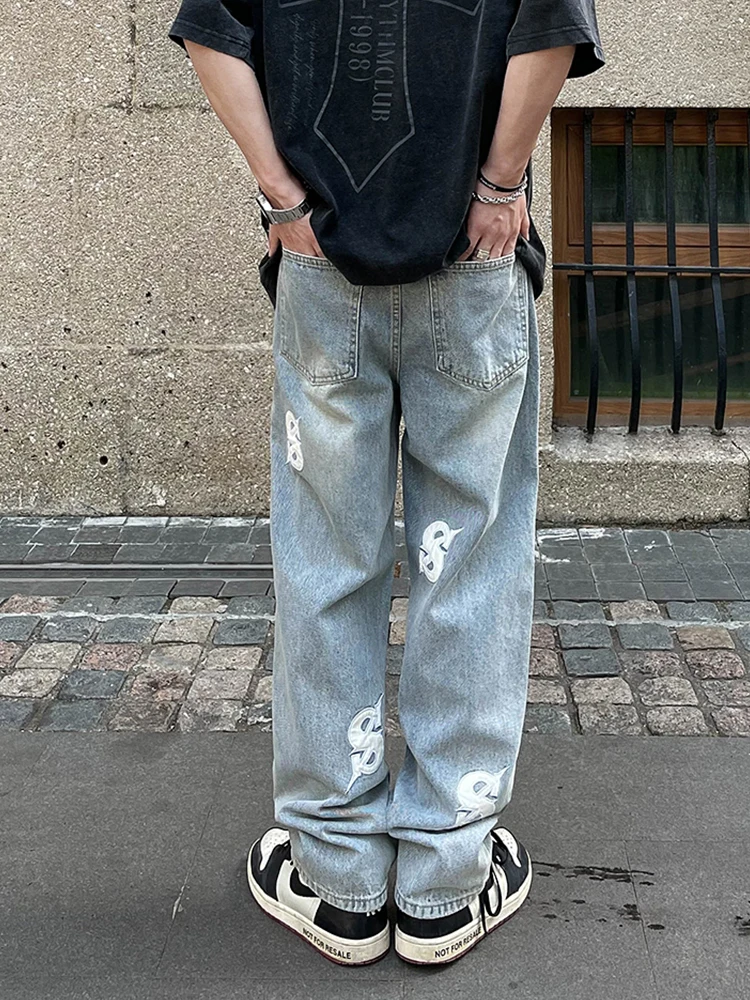 Black Jeans Men Fashion Letter Embroidery Loose Straight Leg Vaqueros Homme Vintage Mid Waist Baggy Comfort Cotton Denim Pants