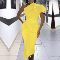sexy one shoulder ruched formal party dress women elegant solid yellow cocktail midi dresses blackl vestiti donna asymmetrica