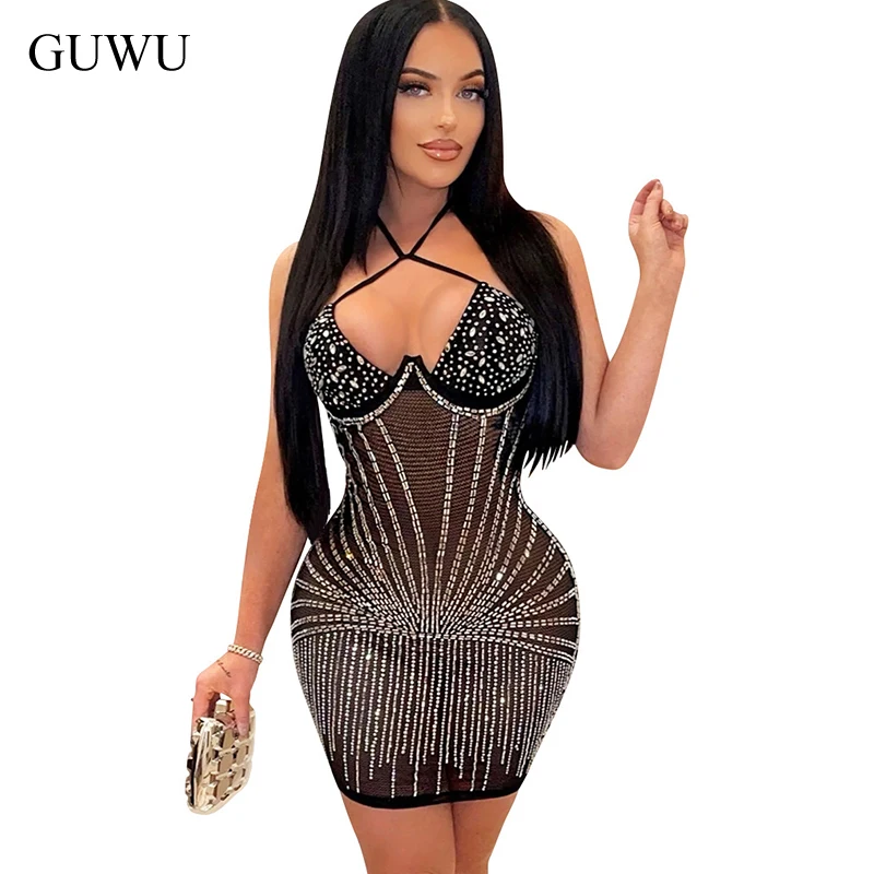 

GUWU летнее прозрачное Сетчатое облегающее мини-платье с кристаллами в виде Стразы
