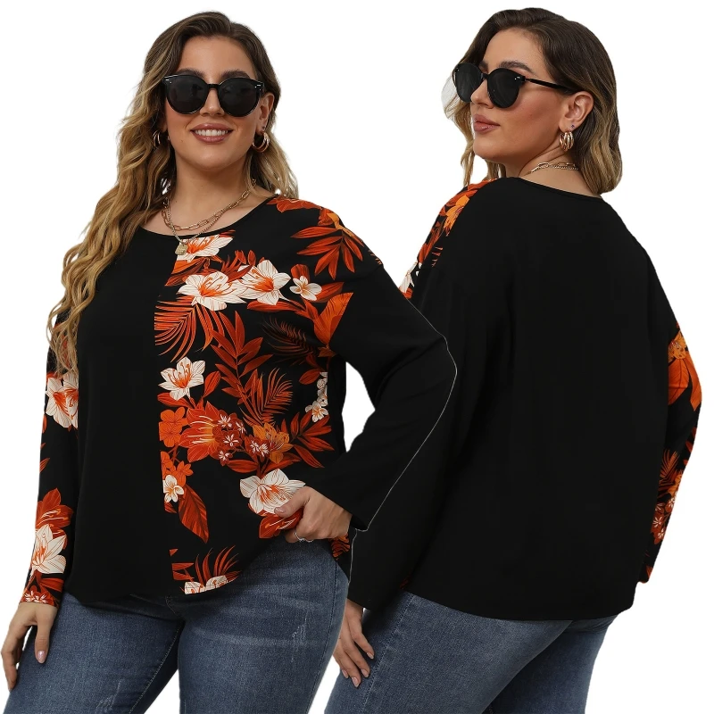 

Женский пуловер с длинным рукавом, круглым вырезом и цветочным принтом