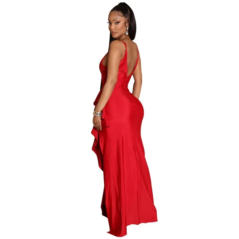 Women Fashion Prom Evening Dress Sexy Spaghetti Deep V-neck Backless Party Gown Cascading Ruffles Pleated Long Dresses