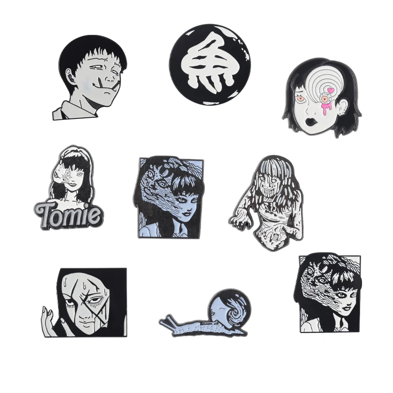 

Japanese Thriller Comics Uzumaki Junji Ito Tomie Horror Eyeball Women Girl Metal Pins For Backpacks Decoration Jewelry Gift