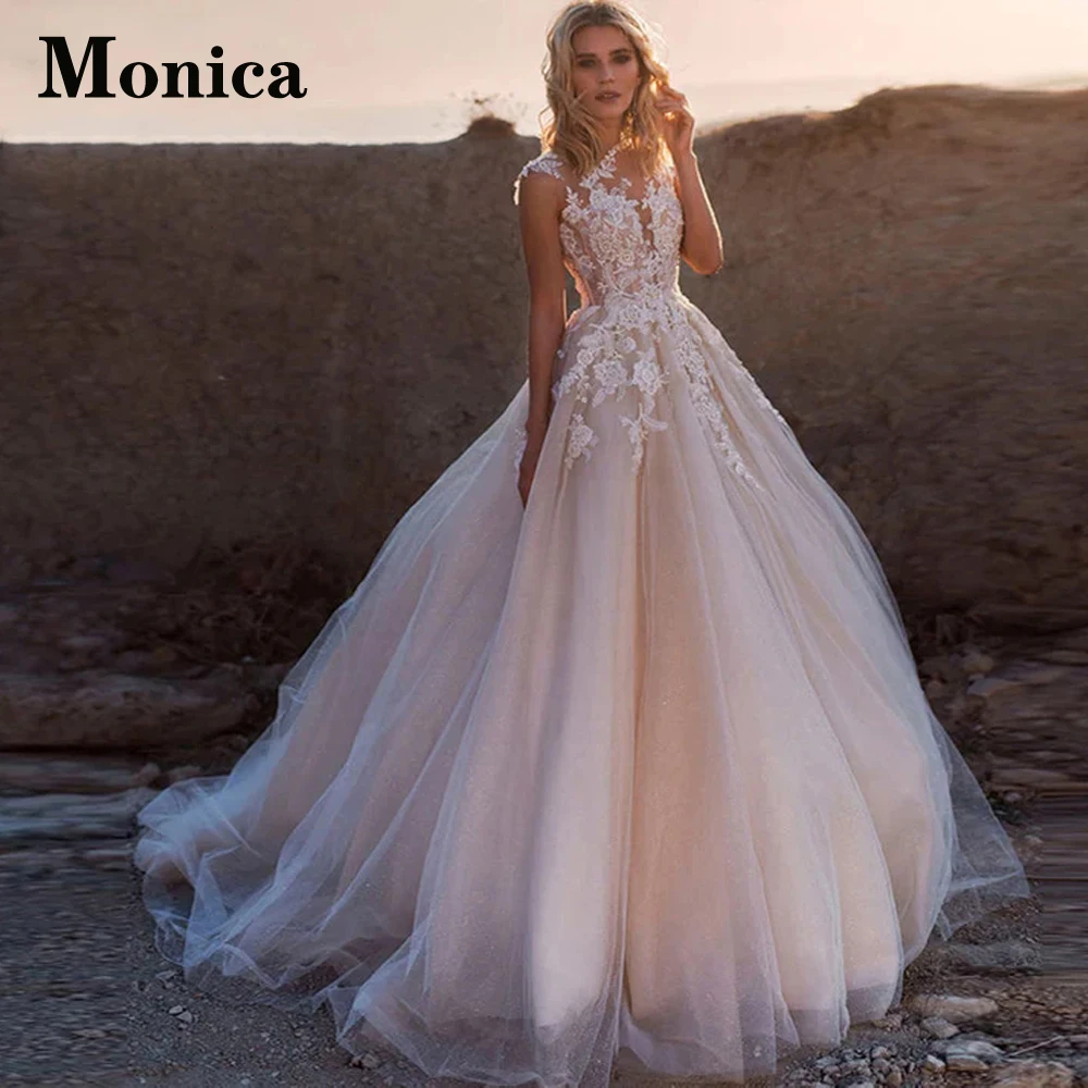 

MONICA Vintage Scoop Wedding Dresses 2023 Bride Sleeveless Button Appliques Court Train A-LINE Tulle Vestidos De Novia Brautmode