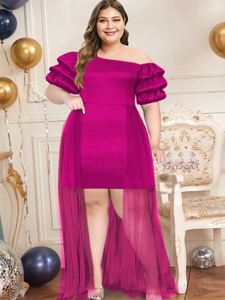 Plus Size Women Mini Party Dresses One Shoulder Puff Sleeves Patchwork Mesh Pleat Elegant Lady Female Evening Spring Robes Gowns